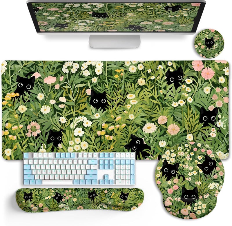 LIMKRIAN Cat Ergonomic Mouse Pad with Wrist Rest Desk Mat Set, Green Gaming Mouse Pad Wrist Support, Keyboard Mat Wrist Rest Cup Coaster Funny Office Decor - Image 1